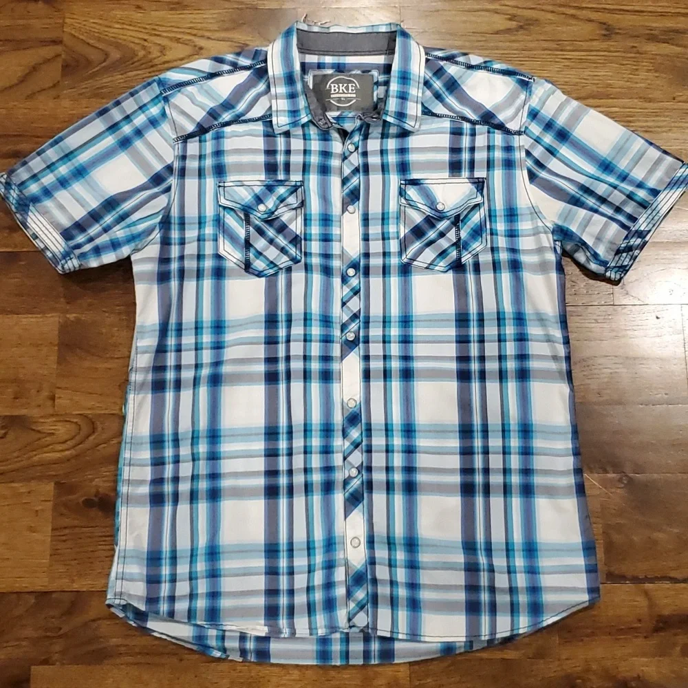 Mens BKE blue & white plaid pearl snap button down shirt size XL